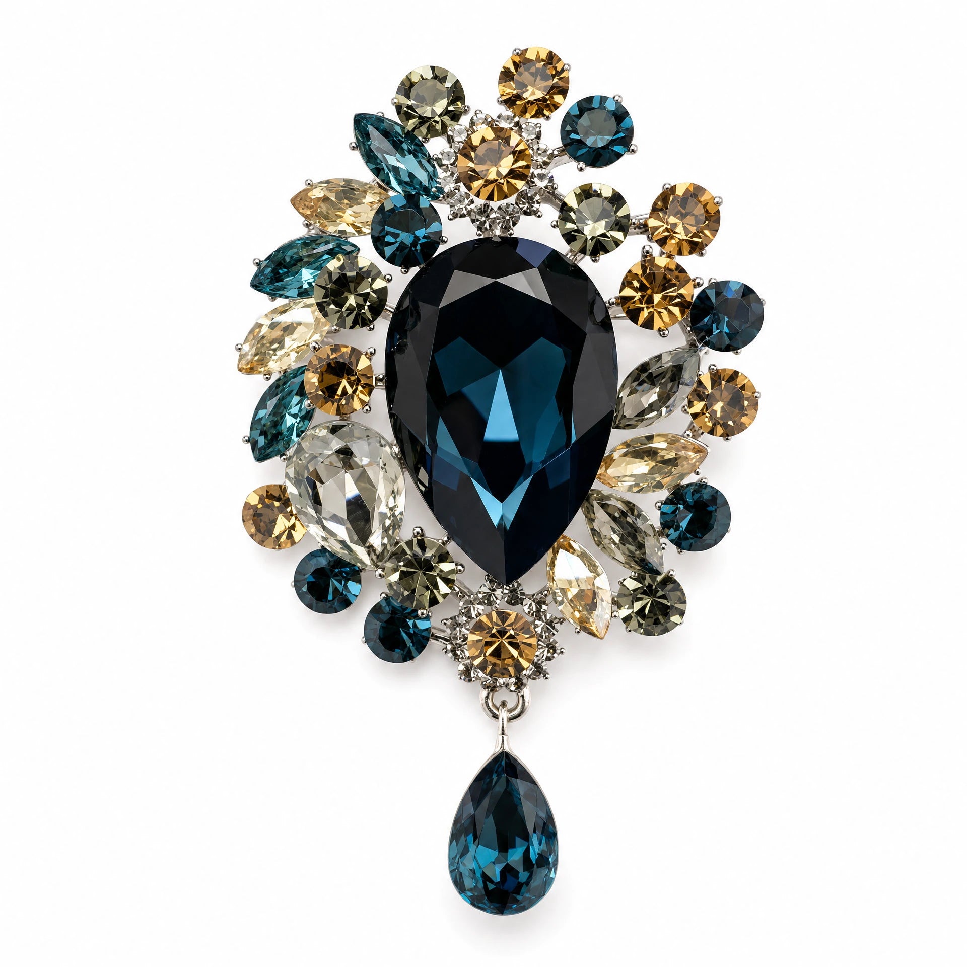 Deep Ocean Blue crystal cluster drop brooch on a white background