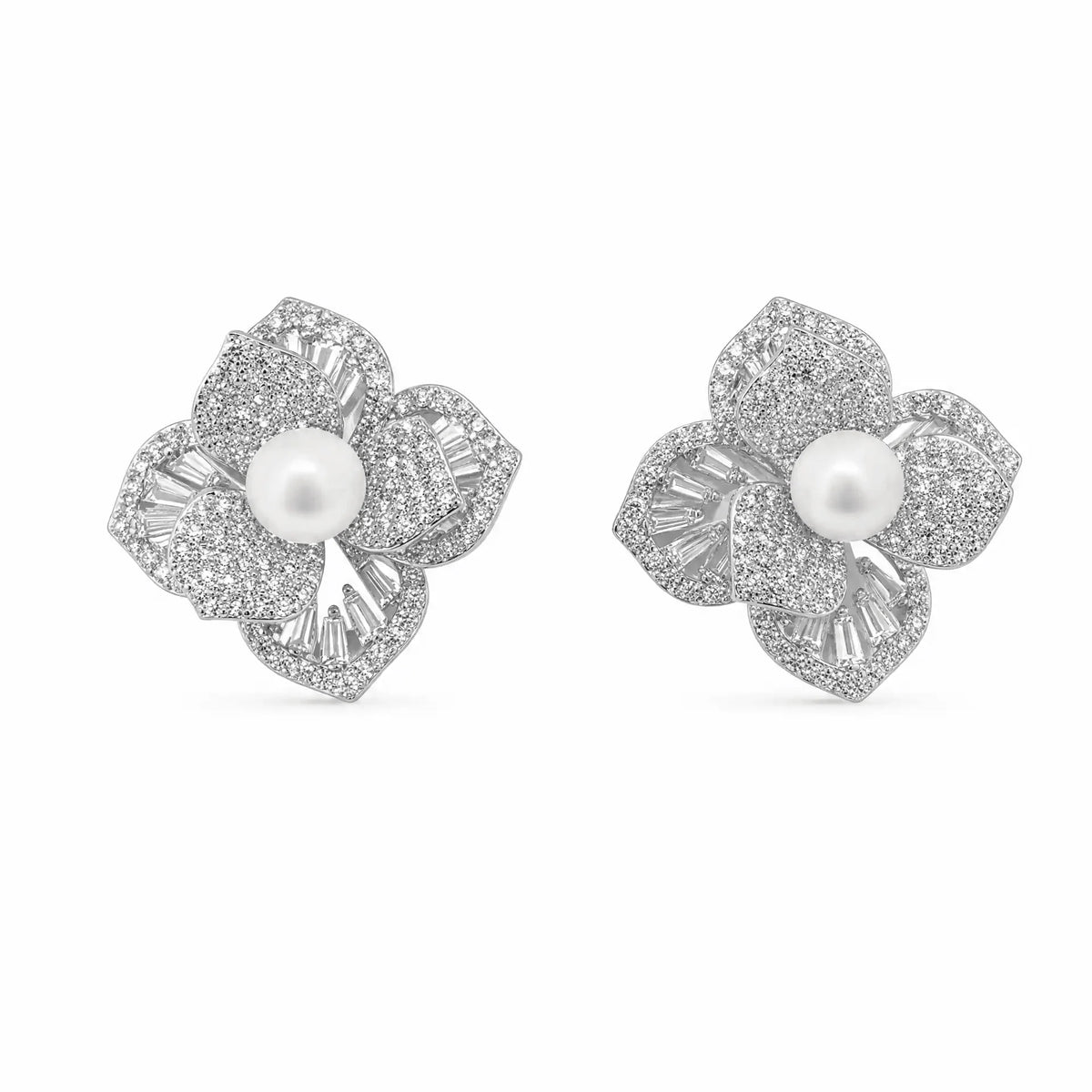 Silver-tone freshwater pearl flower stud earrings with pavé and baguette crystals