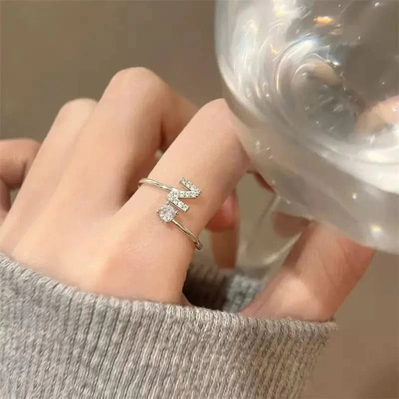 Diamond Initial Letter Silver Ring