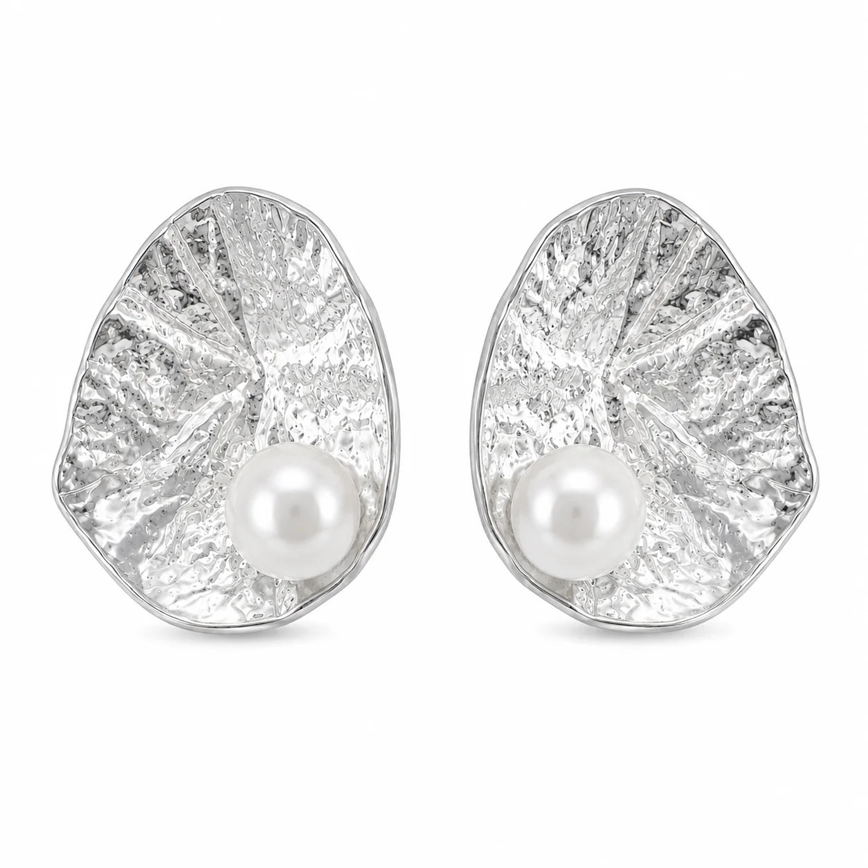 Silver-tone hammered organic oval statement stud earrings with freshwater pearl accents
