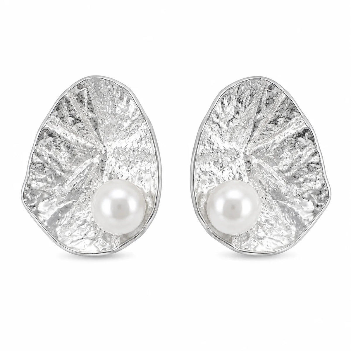 Silver-tone hammered organic oval statement stud earrings with freshwater pearl accents