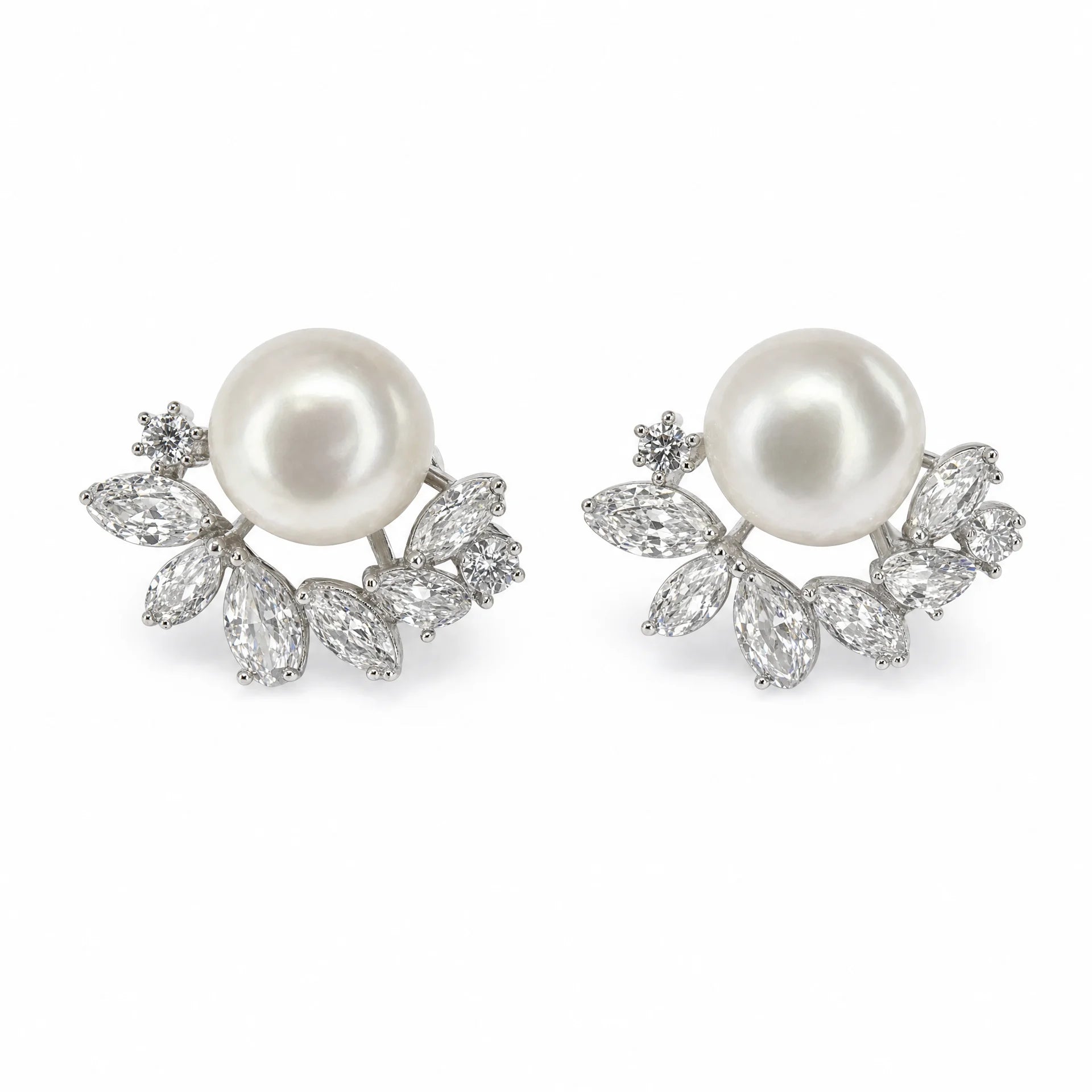 Freshwater pearl stud earrings with curved marquise crystal leaves in silver tone