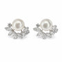 Freshwater pearl stud earrings with curved marquise crystal leaves in silver tone