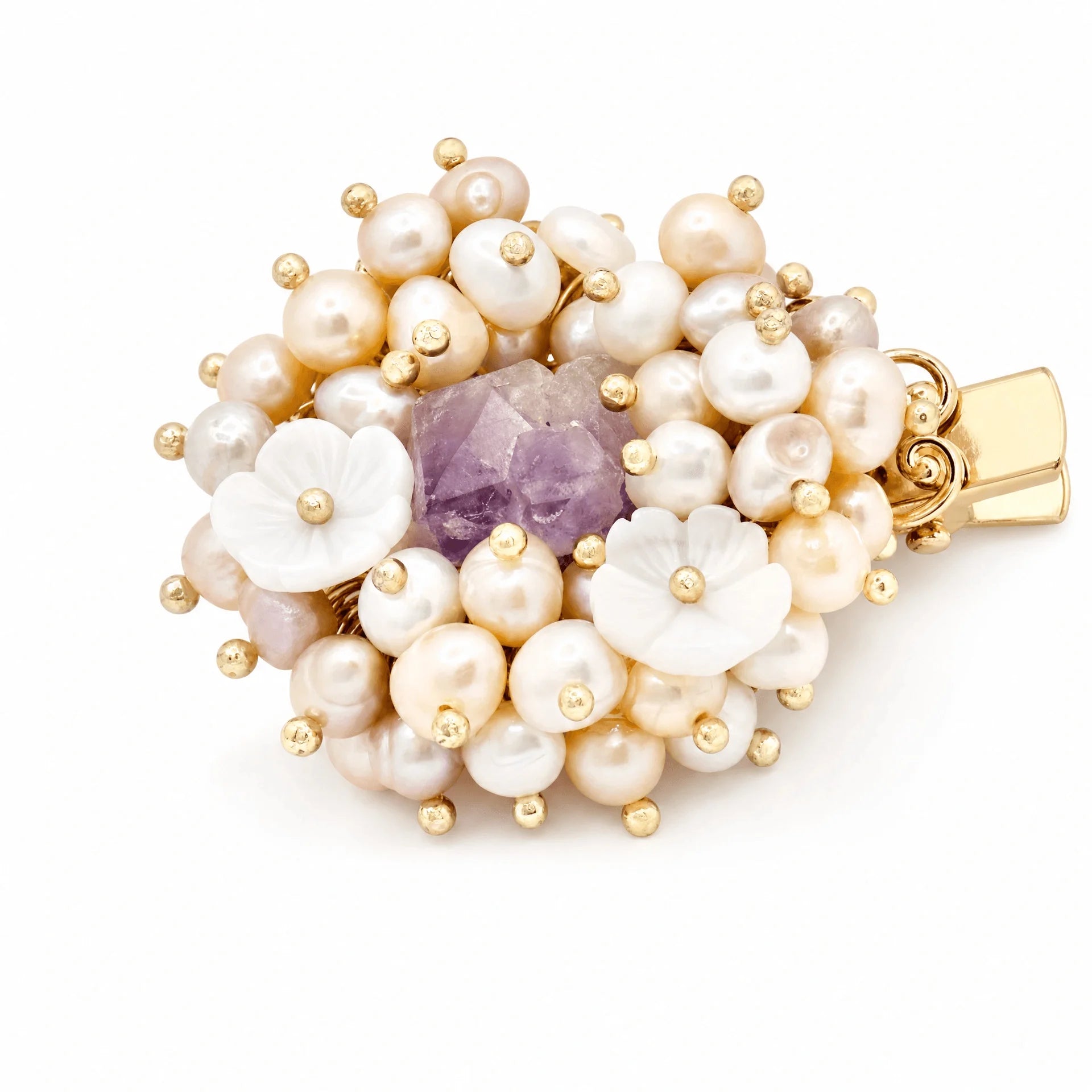 Natural Amethyst and Pearl Flower Hair Clip