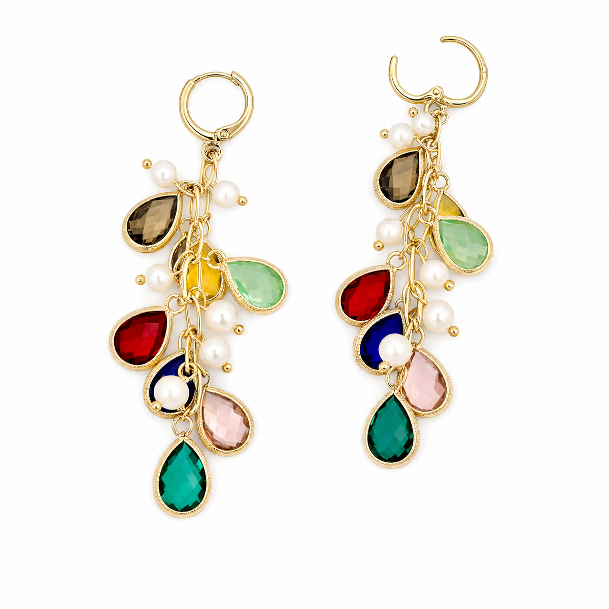 Gold Hoops Pearls Earrings with Rainbow Charms