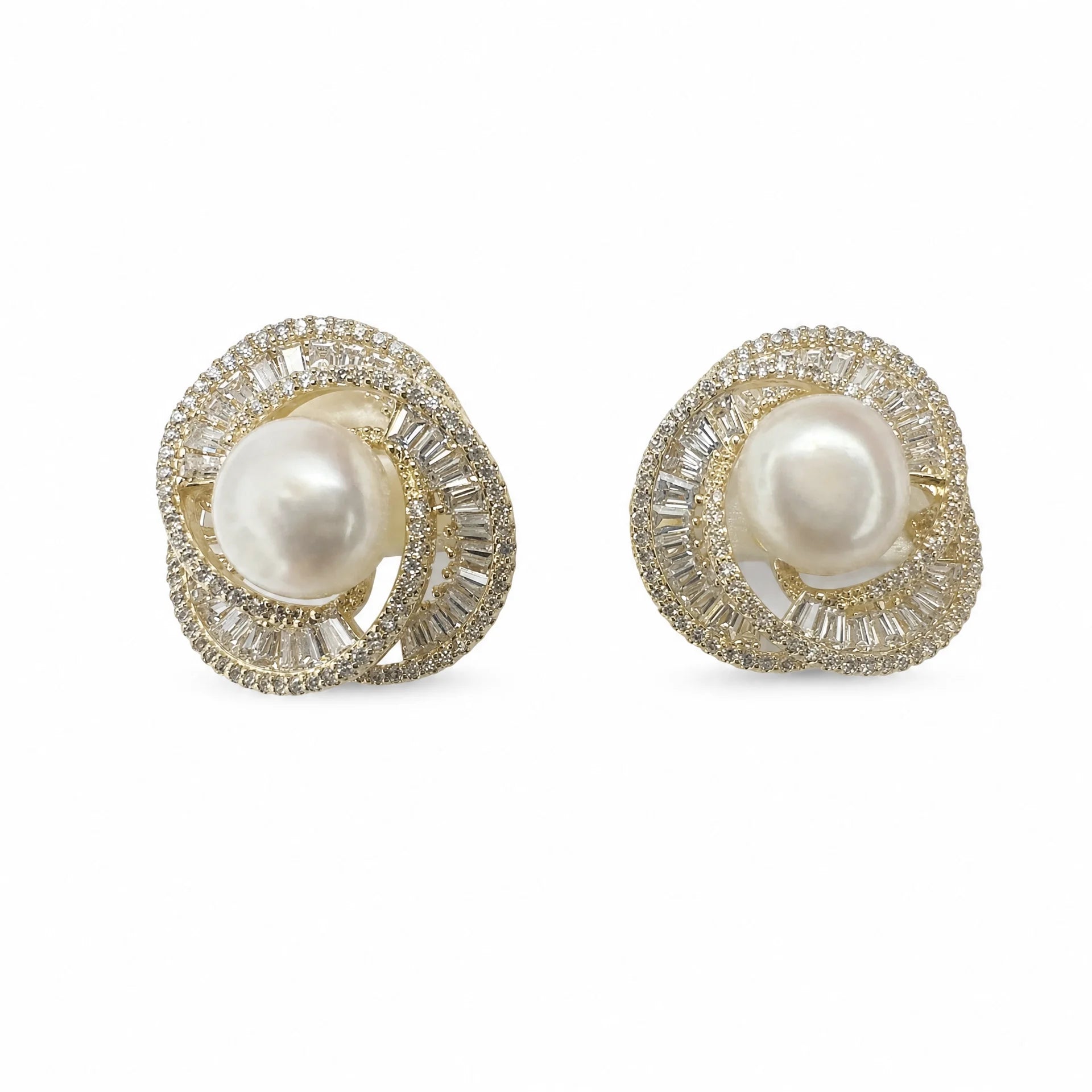 Gold-tone freshwater pearl swirl stud earrings with pavé and baguette crystals