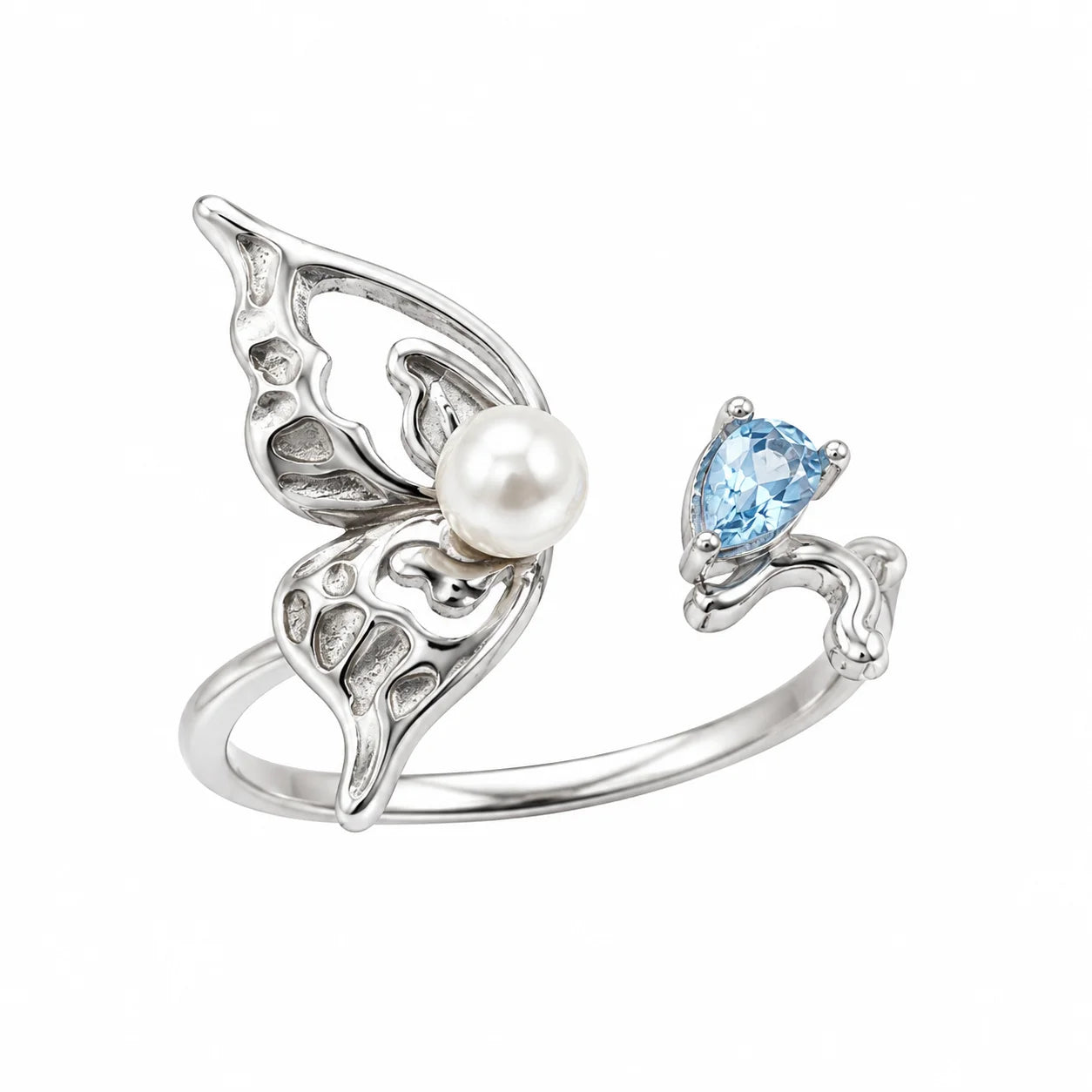 S925 sterling silver butterfly open ring with freshwater pearl and pear-shaped blue stone