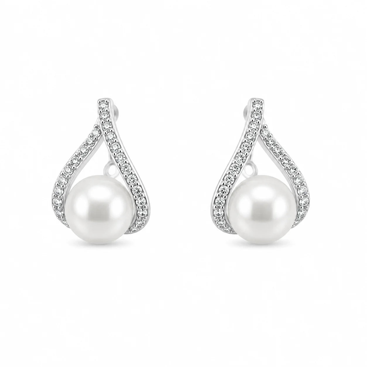 Silver teardrop earrings with freshwater pearls and clear zircon accents
