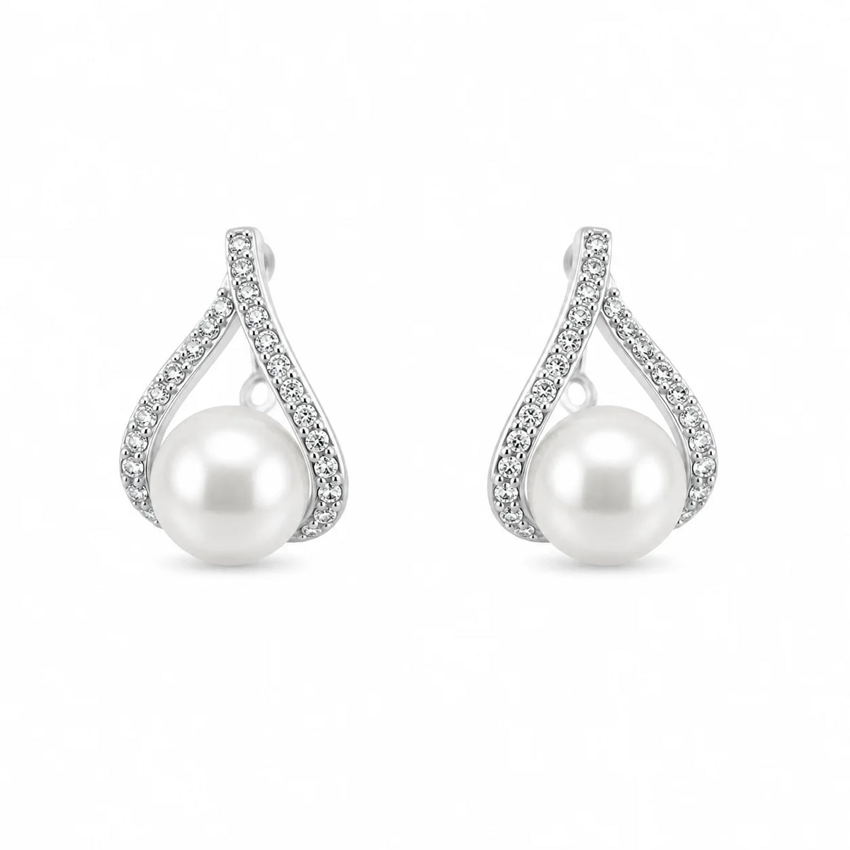 Silver teardrop earrings with freshwater pearls and clear zircon accents