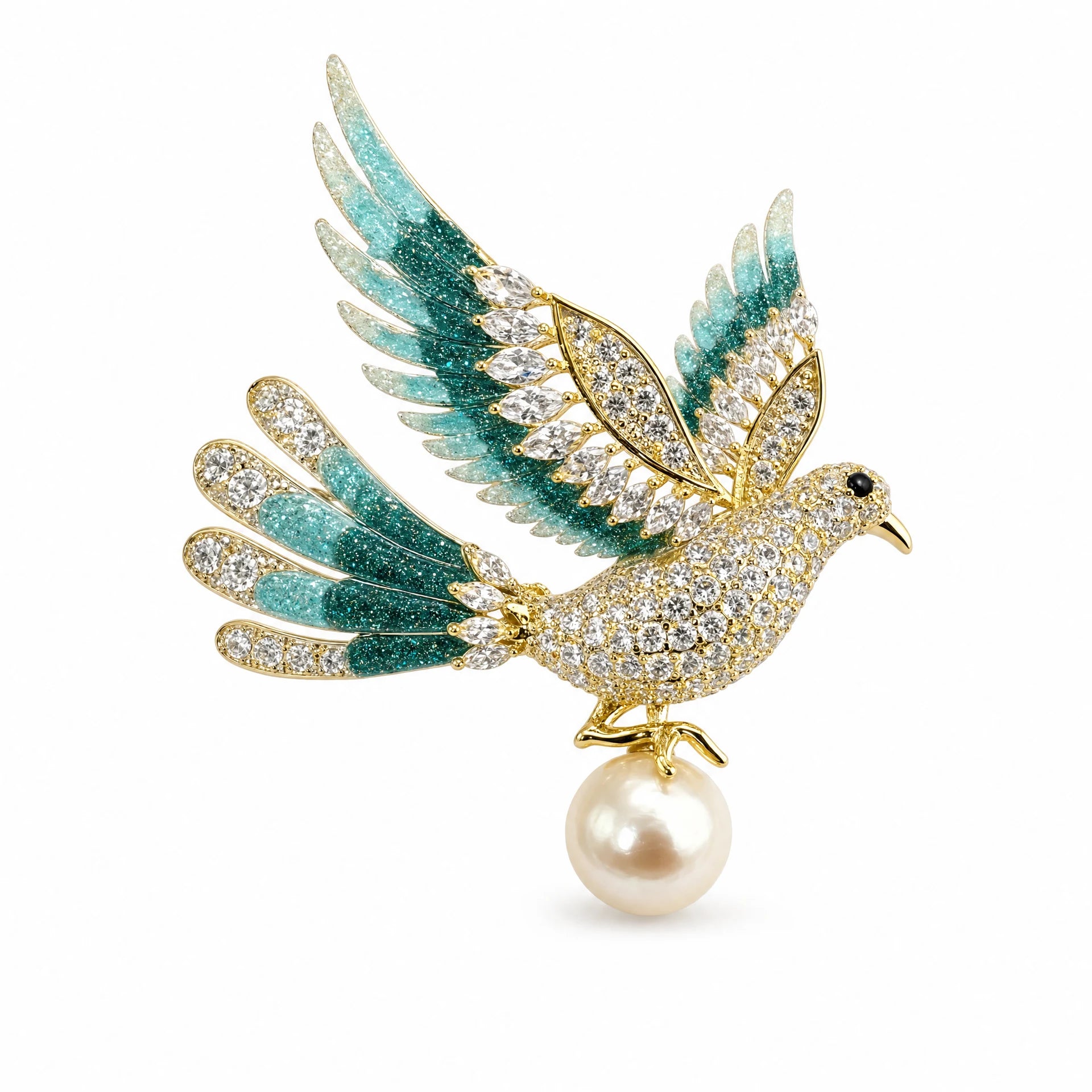Teal crystal peace dove brooch with gradient wings and suspended Swarovski pearl on a white background