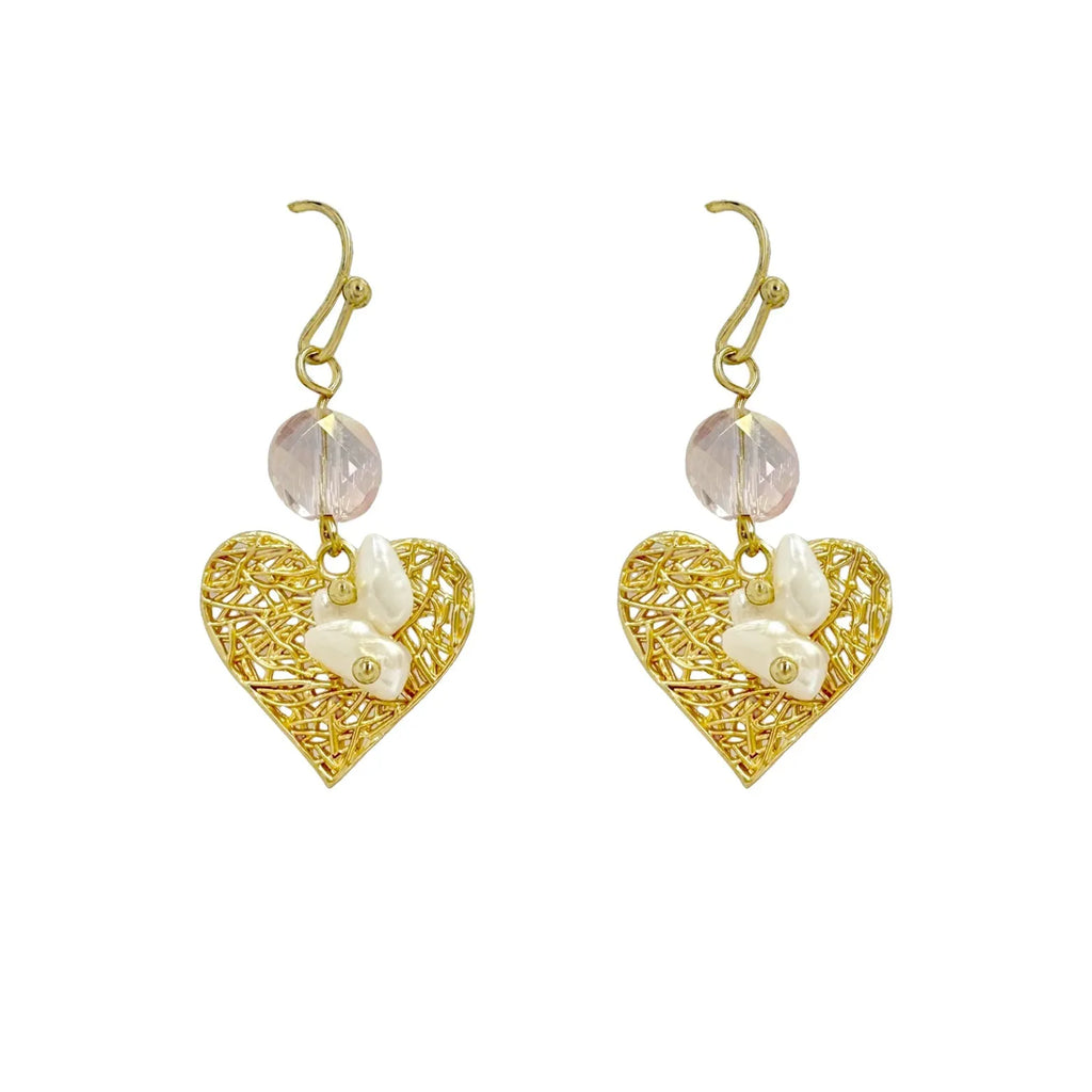 Baroque pearl set in gold heart mesh earrings - Angel Barocco