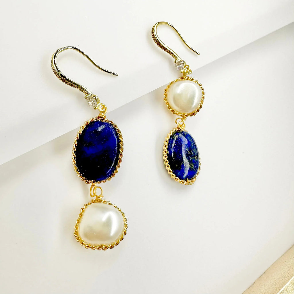 blue stone wire pearl drop earring