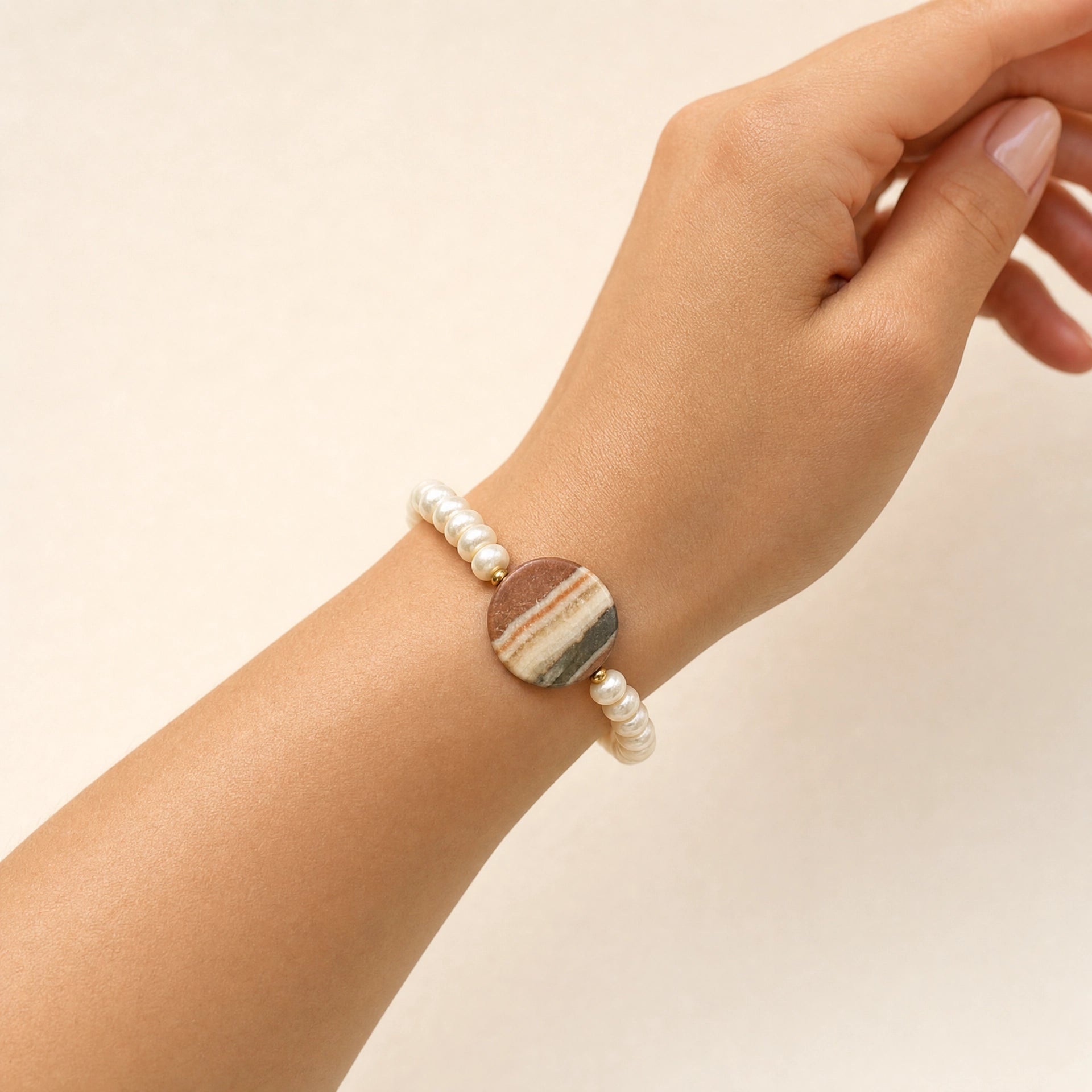 Striped Agate Freshwater Pearl Stretch Bracelet