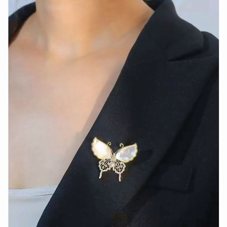 Natural Shell Diamond Butterfly Brooch