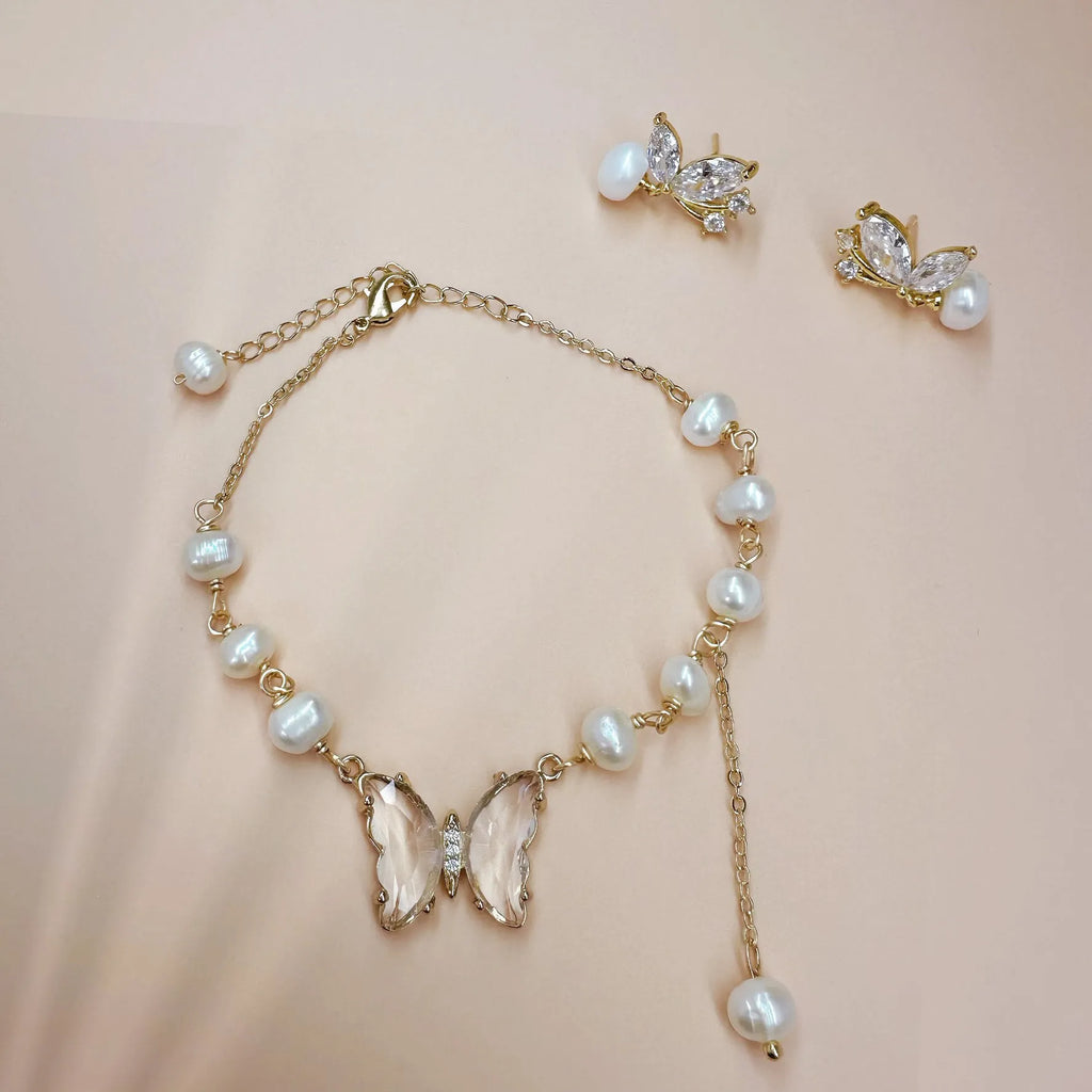 Crystal Butterfly Stud Earrings with Pearl Drop - Angel Barocco