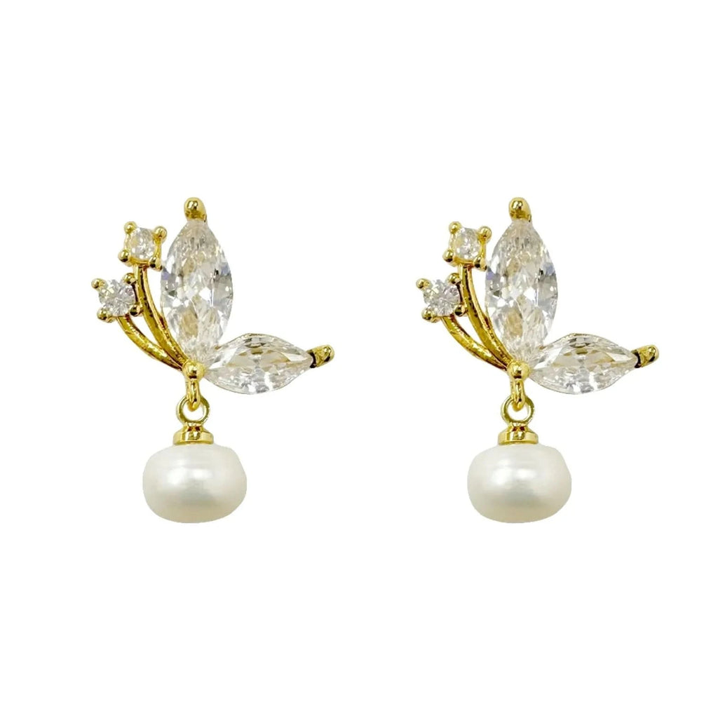 Crystal Butterfly Stud Earrings with Pearl Drop - Angel Barocco