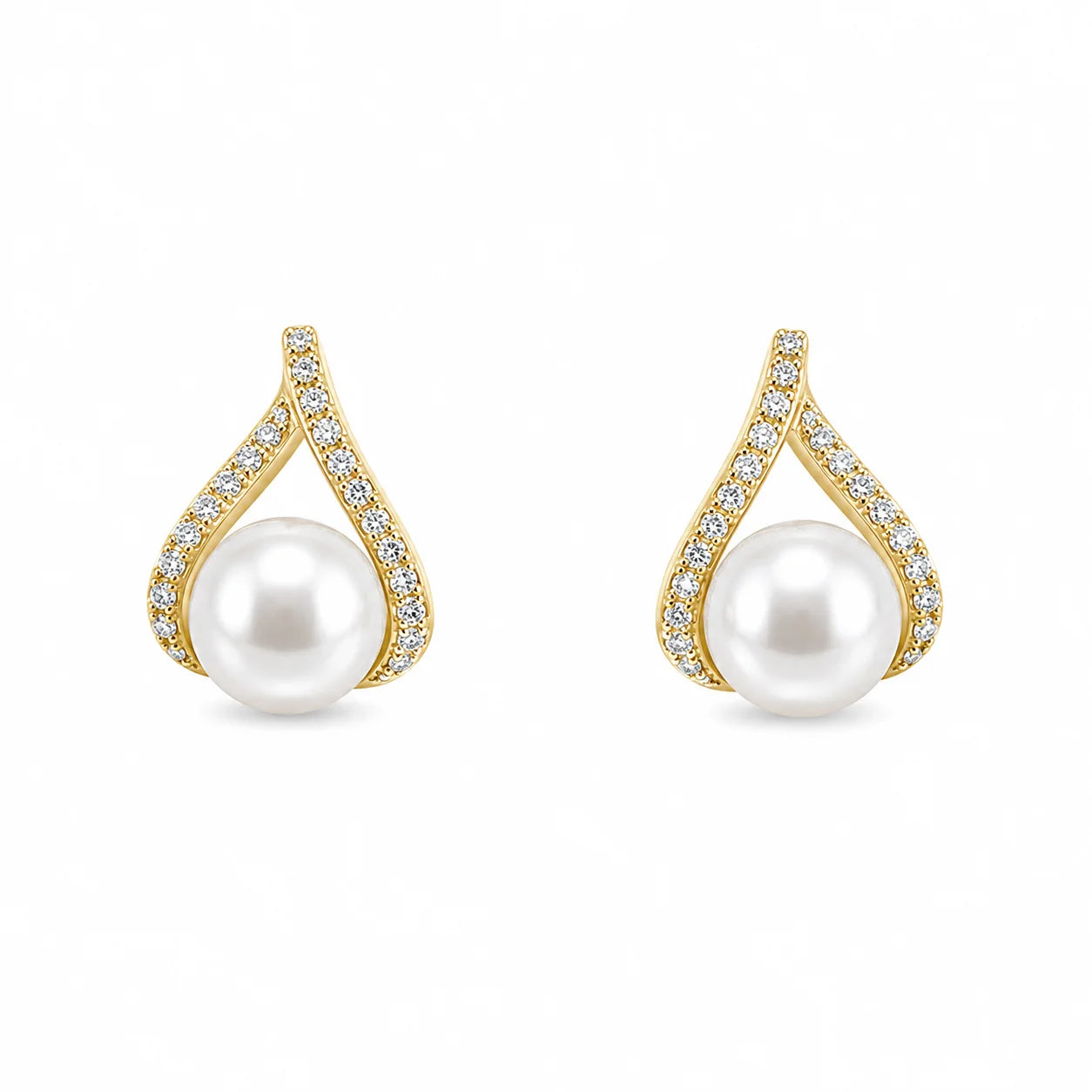 Gold teardrop earrings with natural freshwater pearls and sparkling zircon details