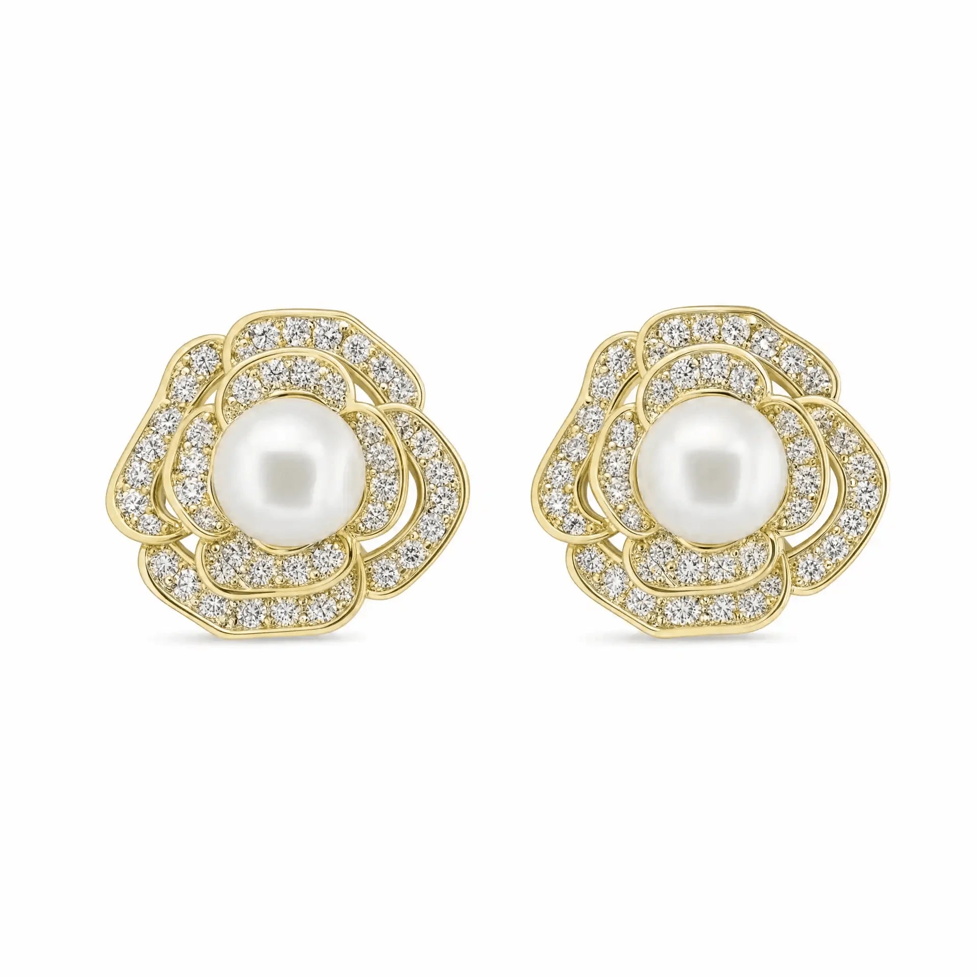 Gold-tone crystal rose stud earrings with white freshwater pearl centres