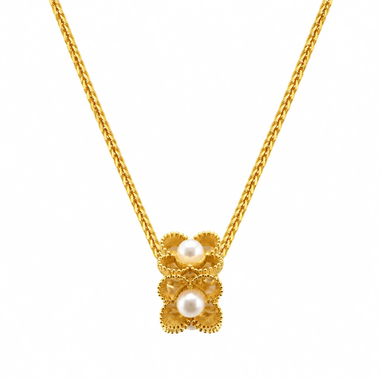 Gold-tone beaded double flower pendant necklace with white pearl-style centres