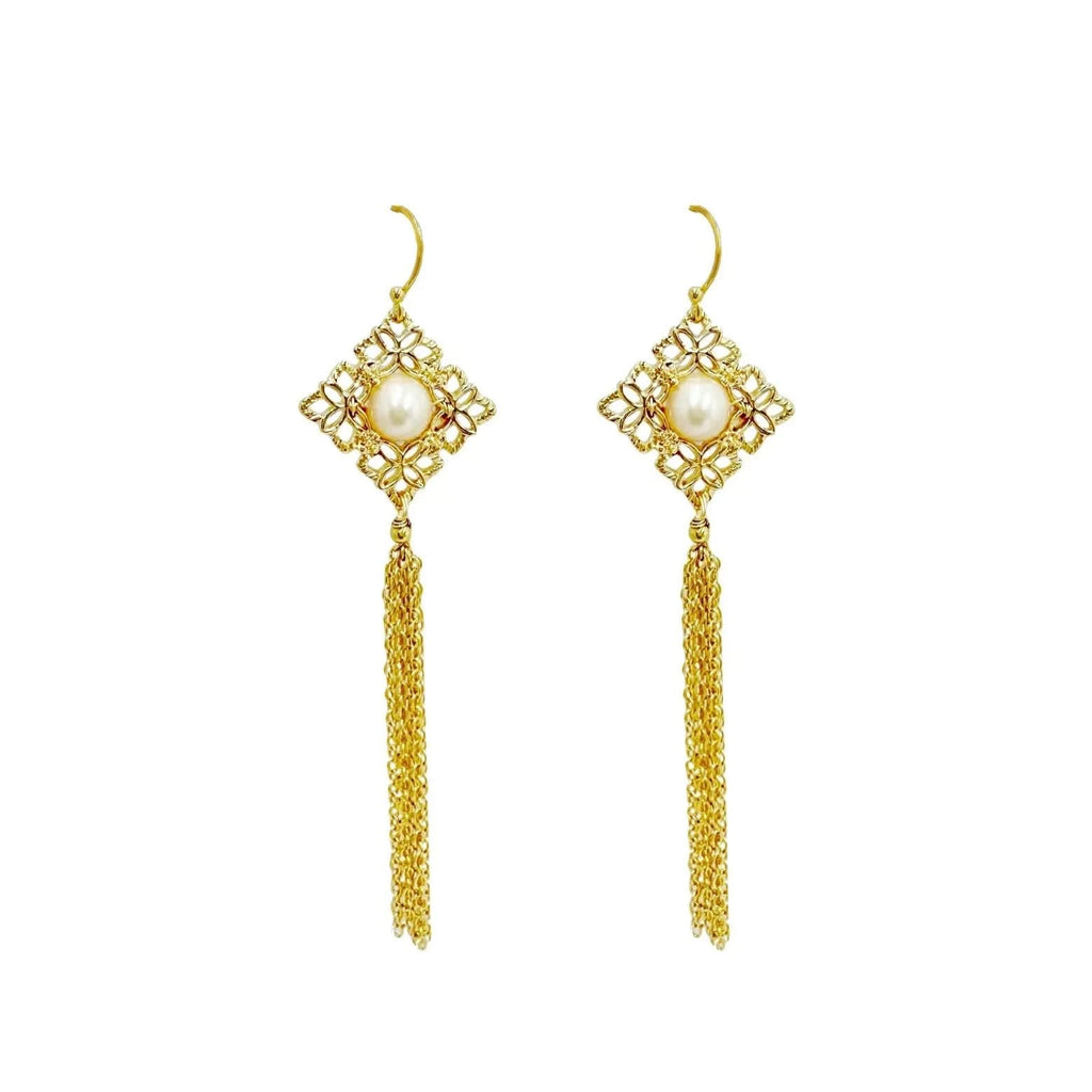 Diamond-shaped gold net and chain drop earrings - Angel Barocco