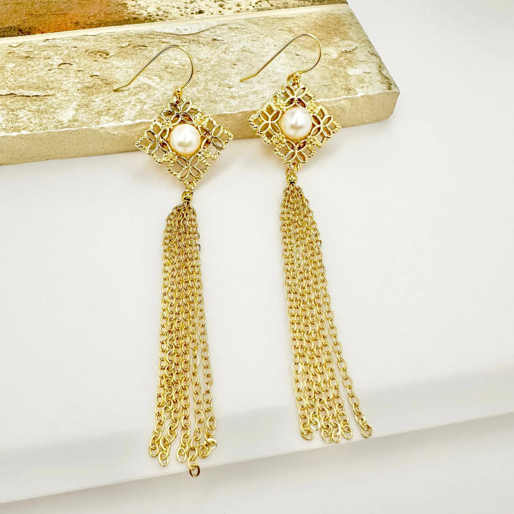 Diamond-shaped gold net and chain drop earrings - Angel Barocco