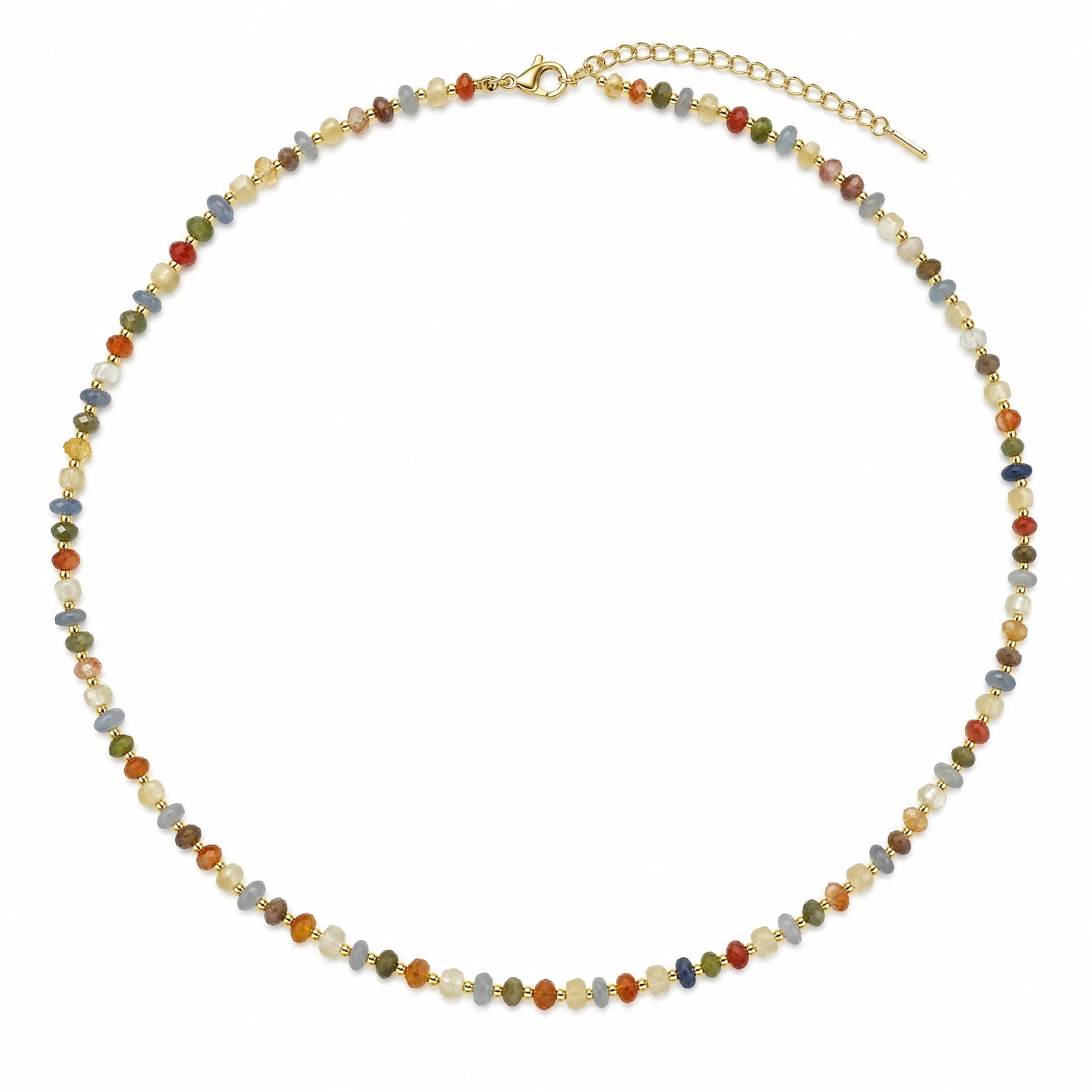 Pastel mixed natural gemstone beaded necklace with gold-tone spacers on a white background