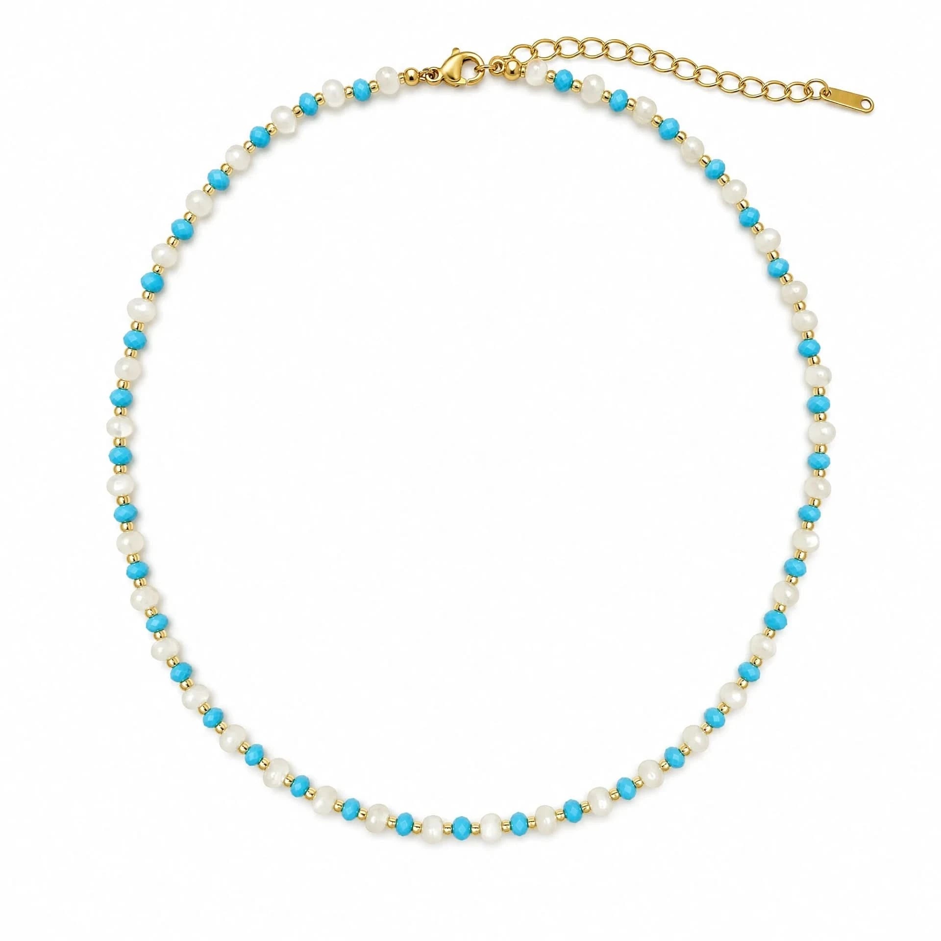 Moonstone and turquoise beaded necklace with gold-tone spacers on a white background
