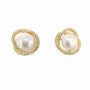 Gold-tone freshwater pearl stud earrings with a double halo of clear crystals