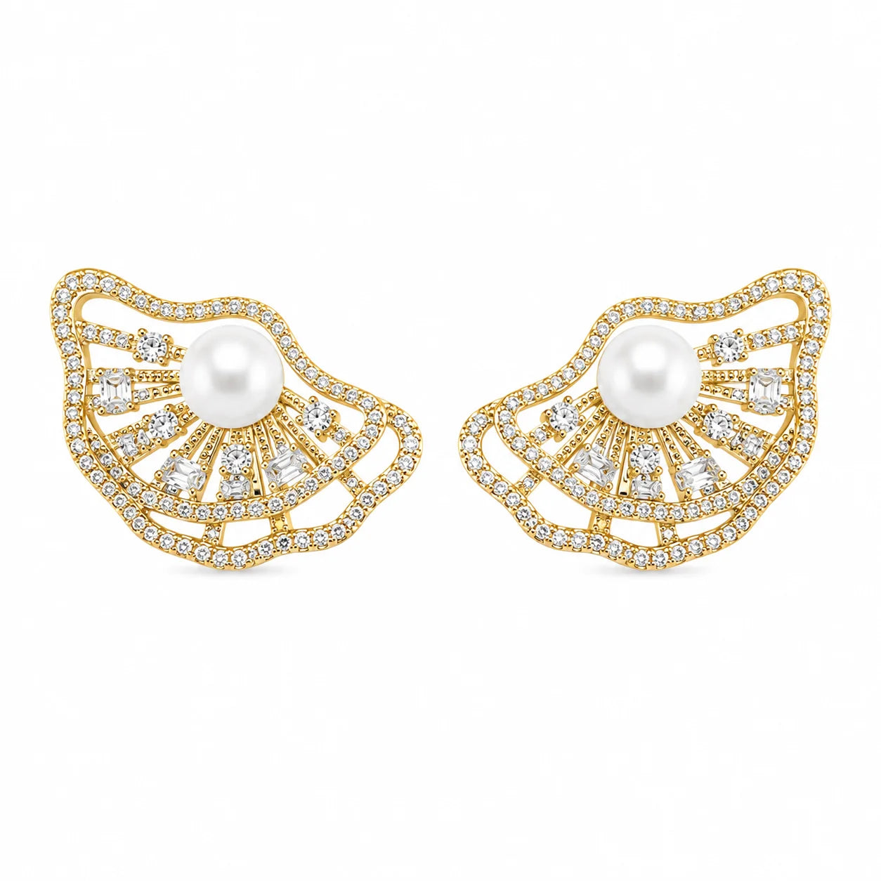 Gold ginkgo leaf earrings with freshwater pearl centres and sparkling zircon accents
