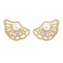 Gold ginkgo leaf earrings with freshwater pearl centres and sparkling zircon accents