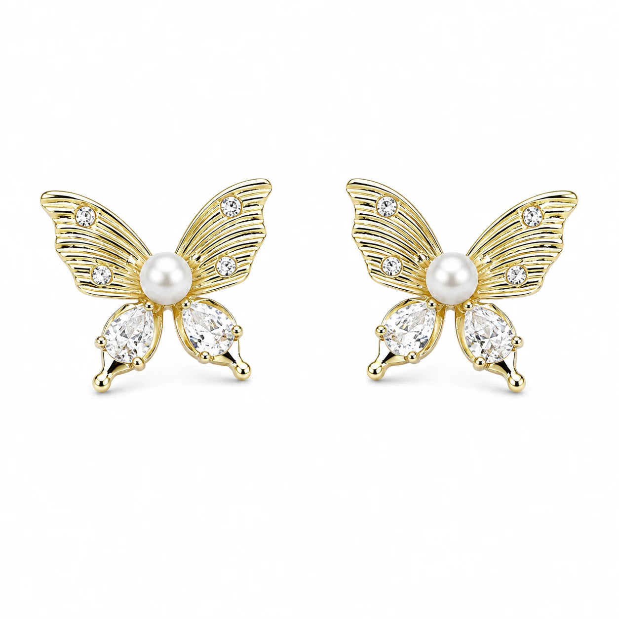 Gold-tone butterfly stud earrings with freshwater pearl centres and clear stones
