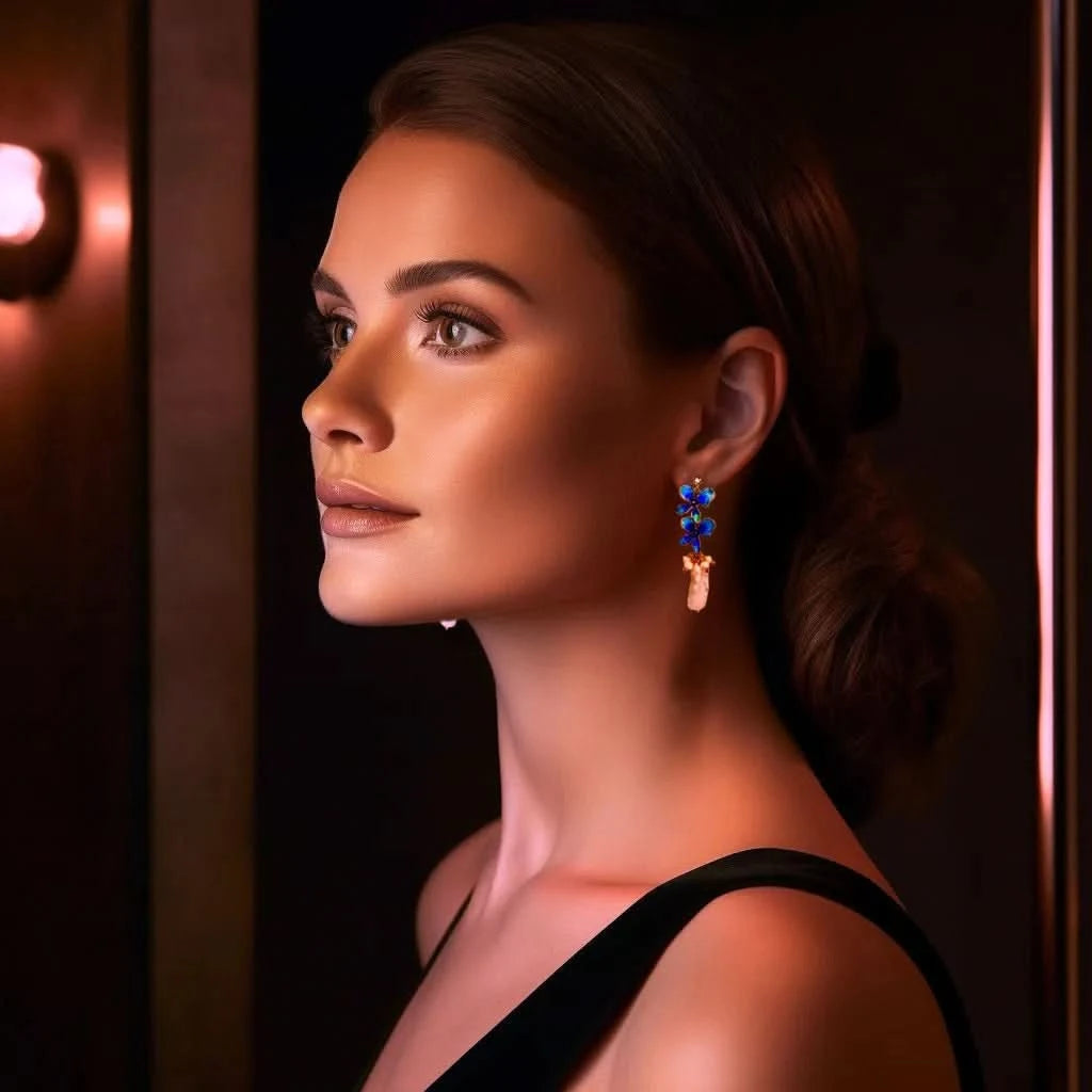 Flower Stud Baroque Pearl Drop Earring- Blue/Gold - Angel Barocco