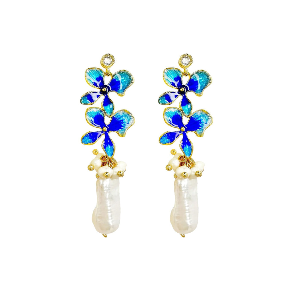 Flower Stud Baroque Pearl Drop Earring- Blue/Gold - Angel Barocco
