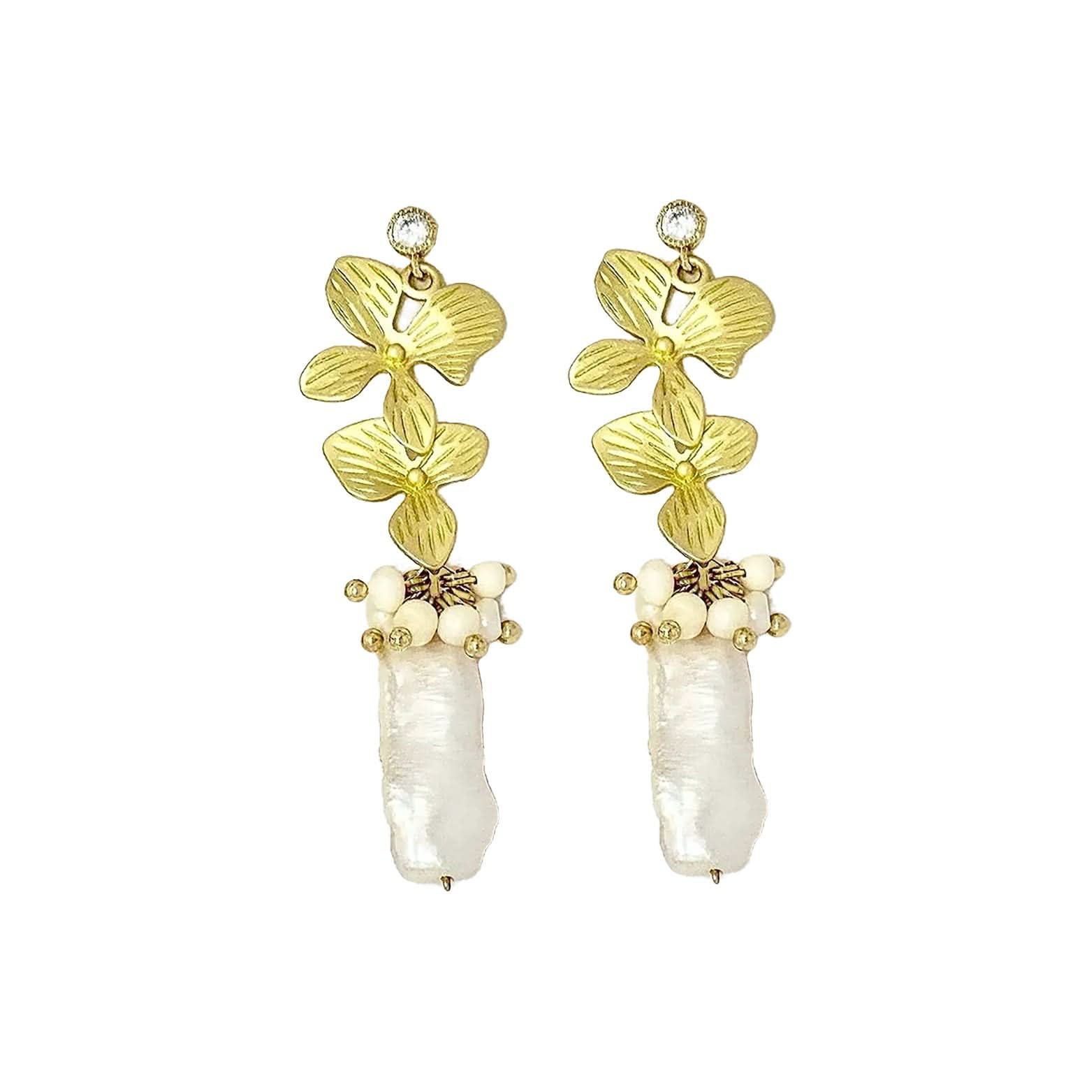 Flower Stud Baroque Pearl Drop Earring- Blue/Gold - Angel Barocco