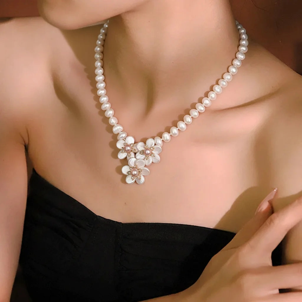 Beaded Baroque Pearl Flowers Necklace