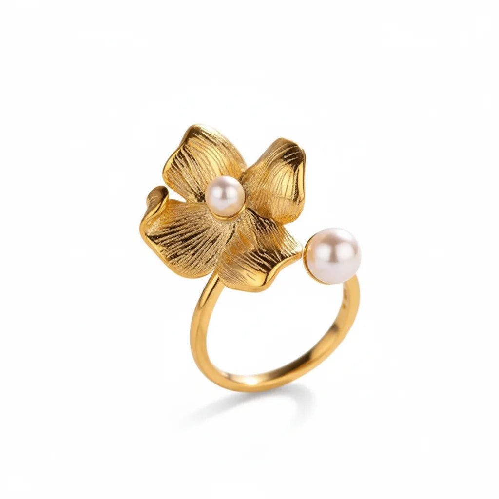 Silver Gold Flower Adjustable Pearl Ring