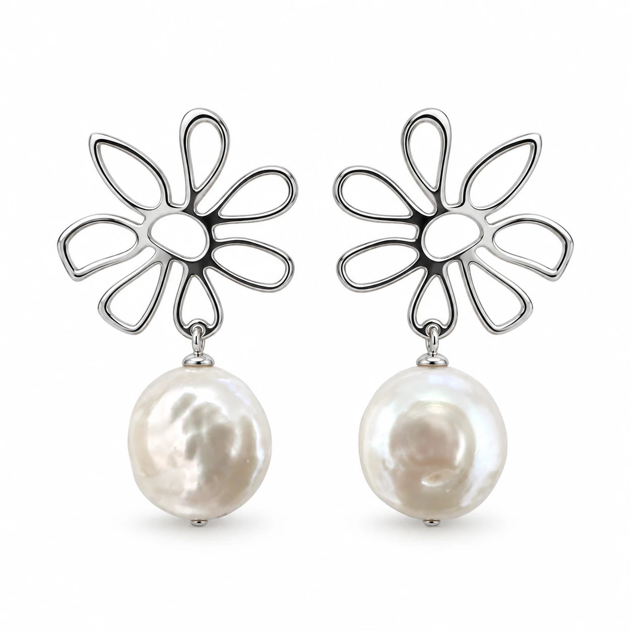 Polished silver openwork flower earrings with large baroque freshwater pearl drops