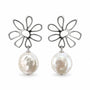 Polished silver openwork flower earrings with large baroque freshwater pearl drops
