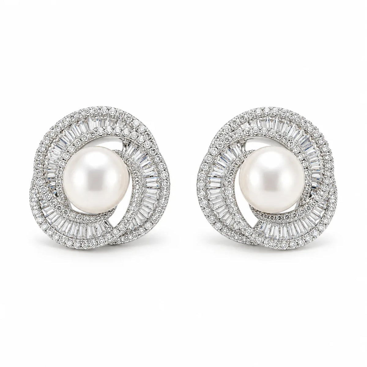 Close-up of freshwater pearl centre and interlocking crystal-set bands