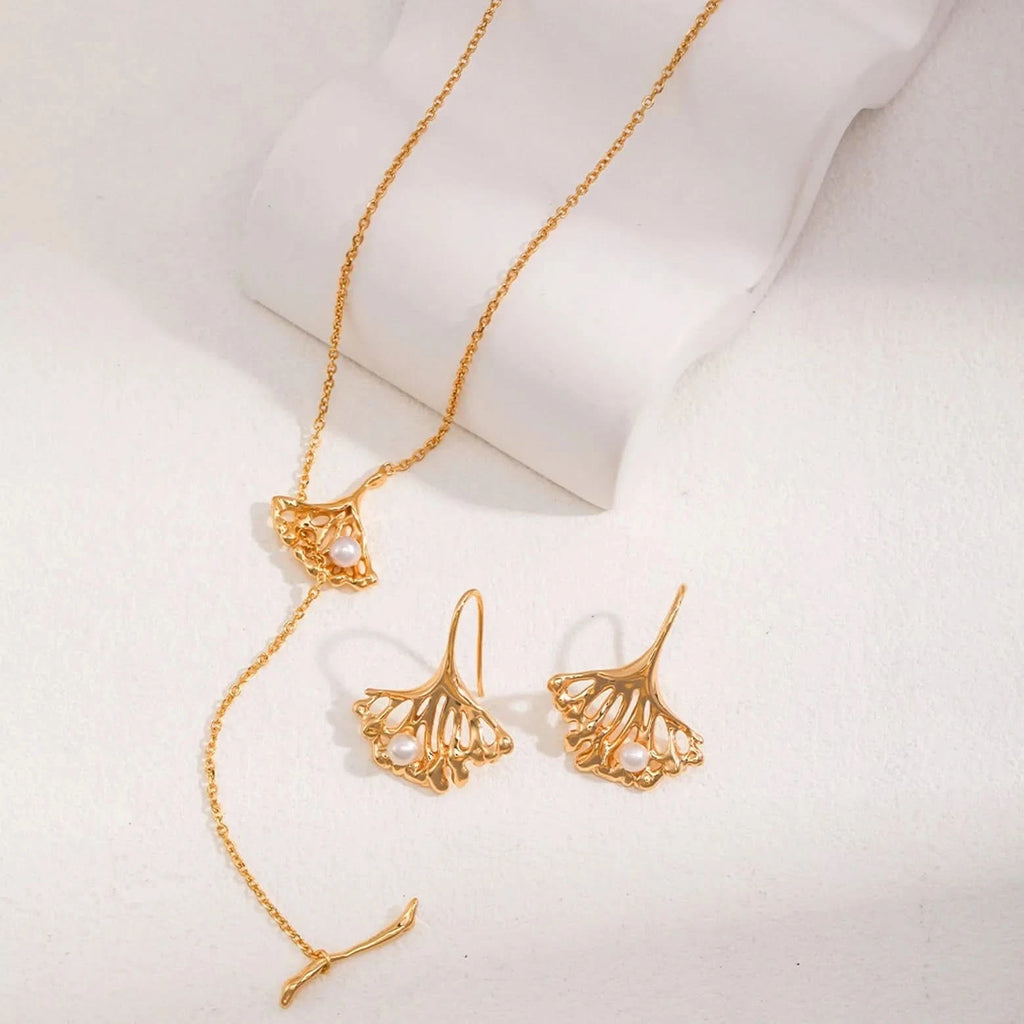 Ginkgo leaf pearl Lariat necklace - Angel Barocco