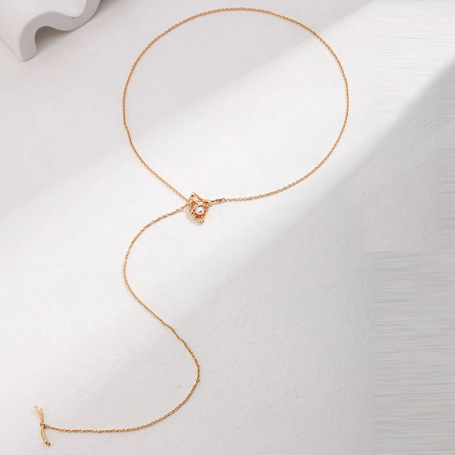 Silver Ginkgo Leaf Pearl Lariat Necklace
