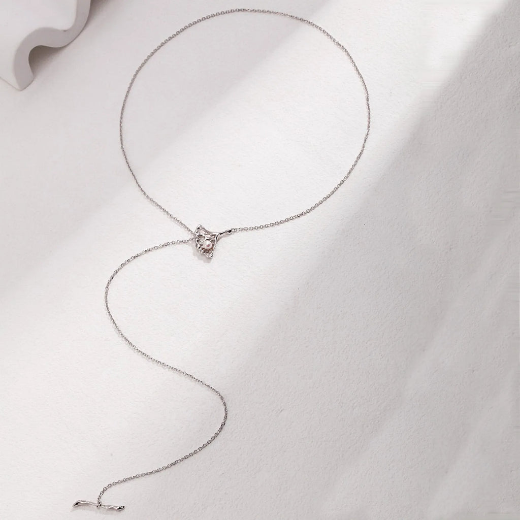 Ginkgo leaf pearl Lariat necklace - Angel Barocco