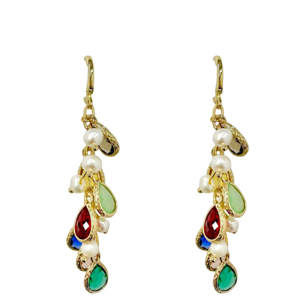 Gold Hoops Earrings with Colorful Charms and Pearls - Angel Barocco