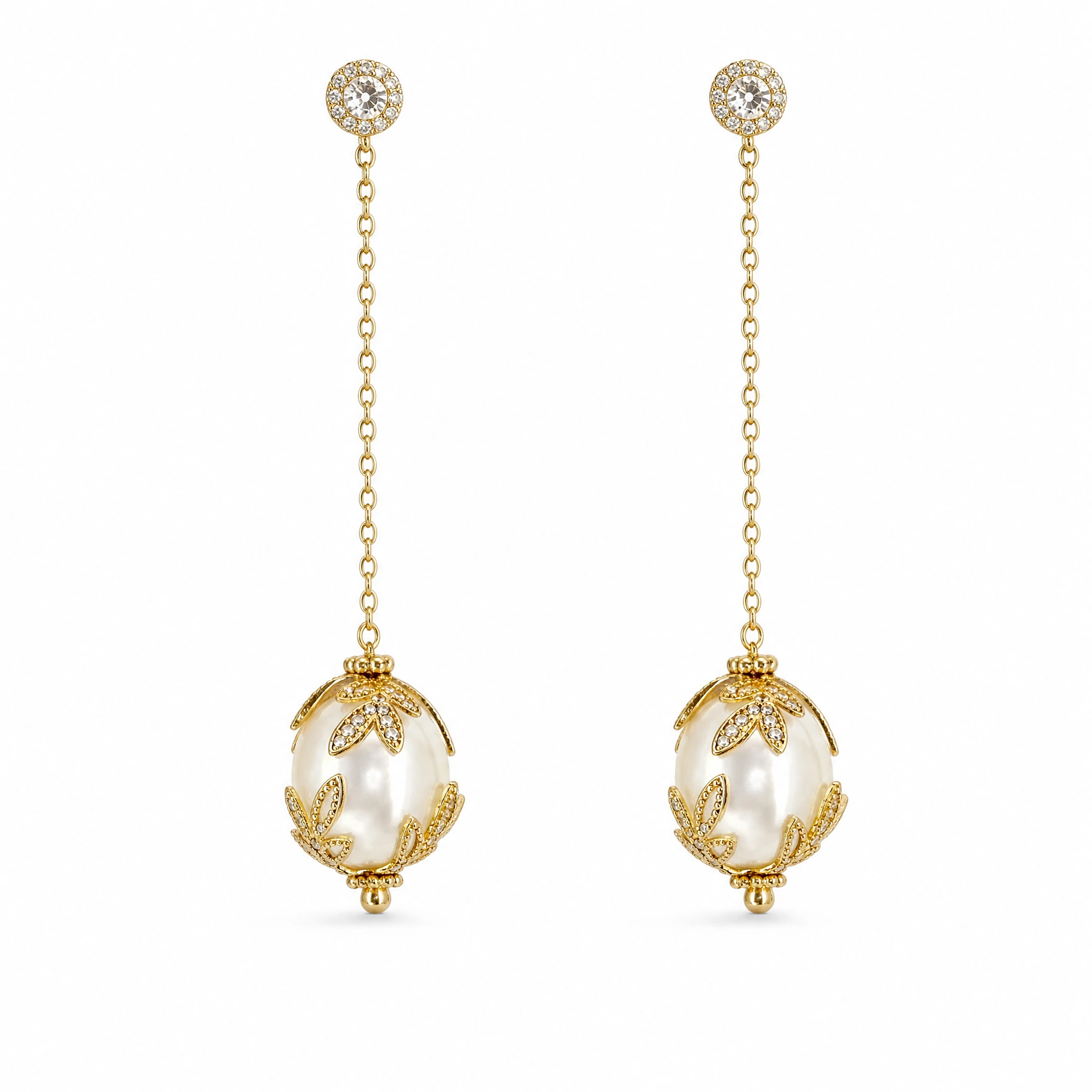 Marquise Gold Chain Pearl Drop Earrings