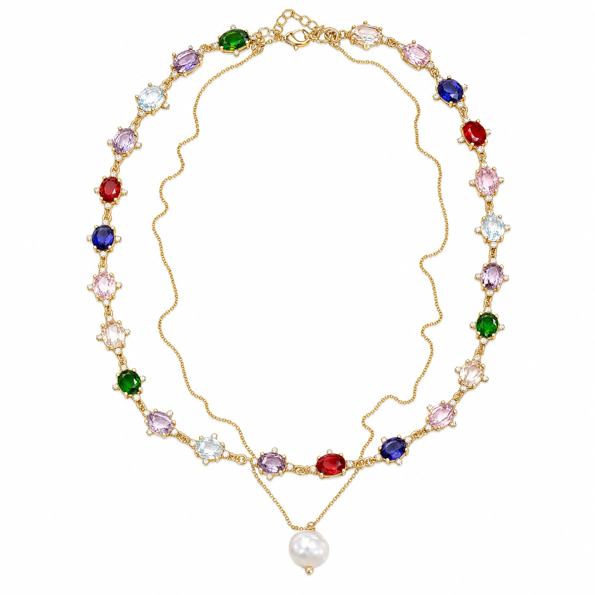 Two-layer Rainbow Crystal Choker Pearl Necklace