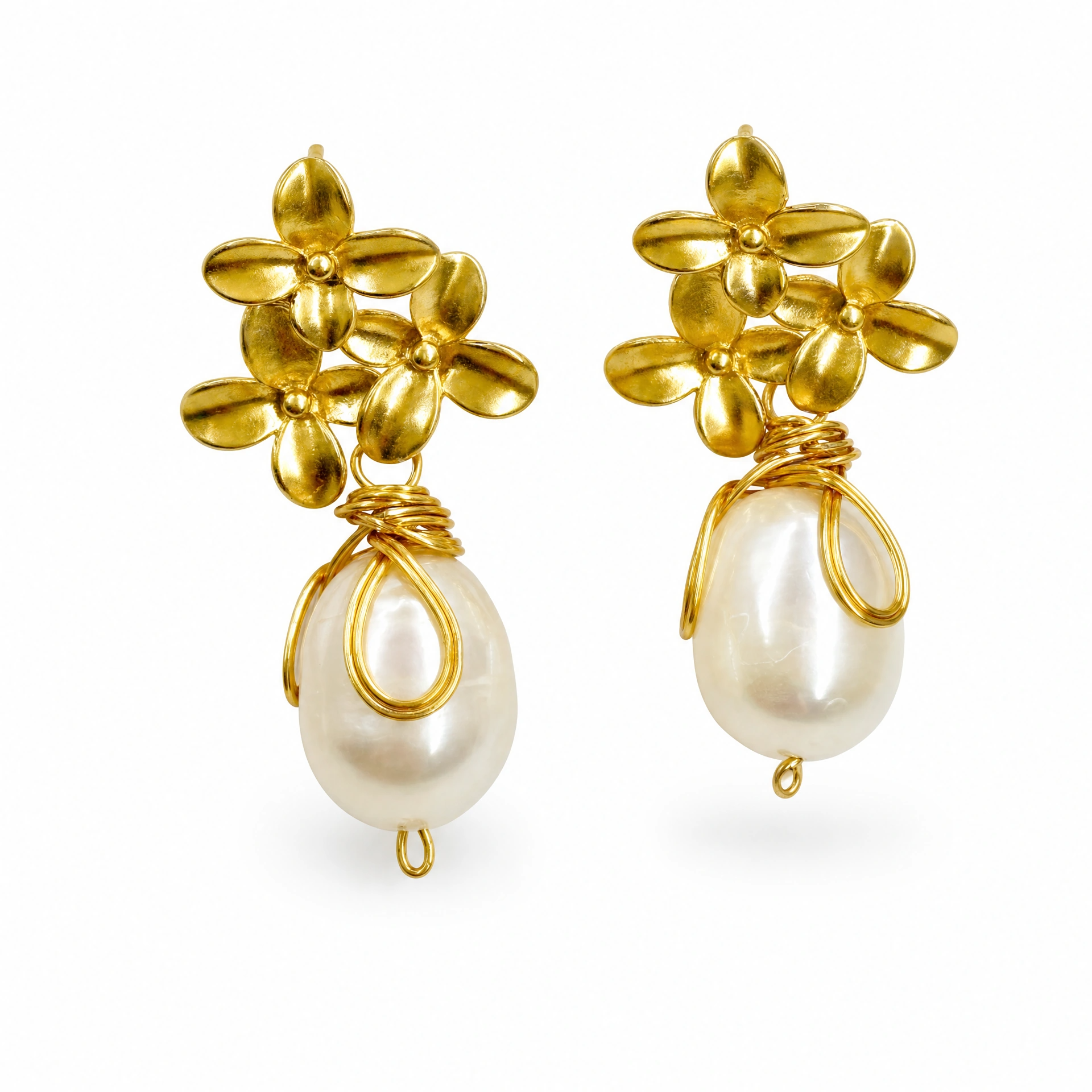 Gold Petal Pearl Drop Earrings