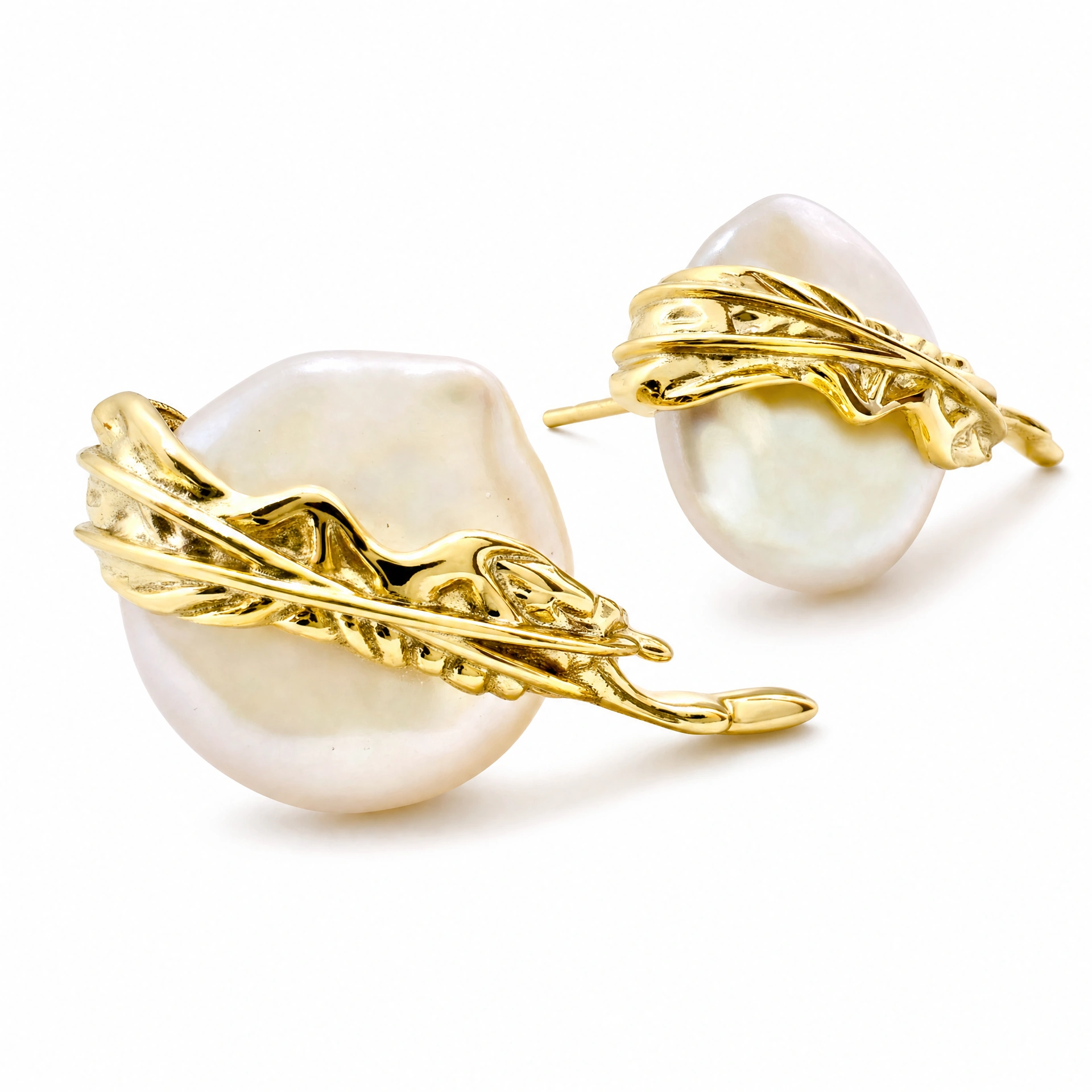 Angel Wings Button Baroque Pearl Earrings