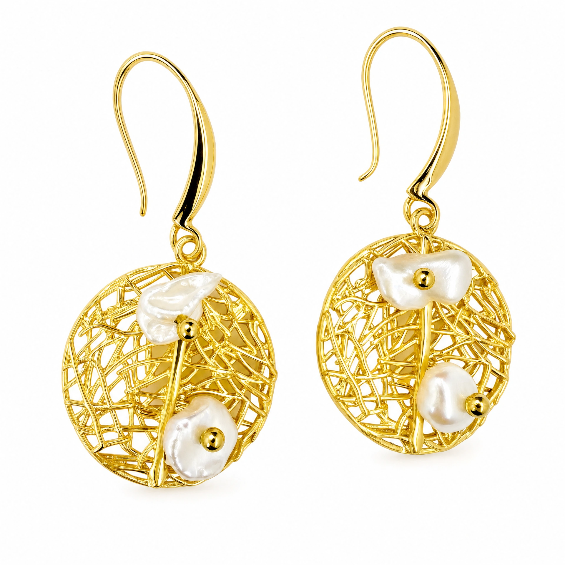 Baroque Pearl Earrings set in Gold Vermeil Mesh