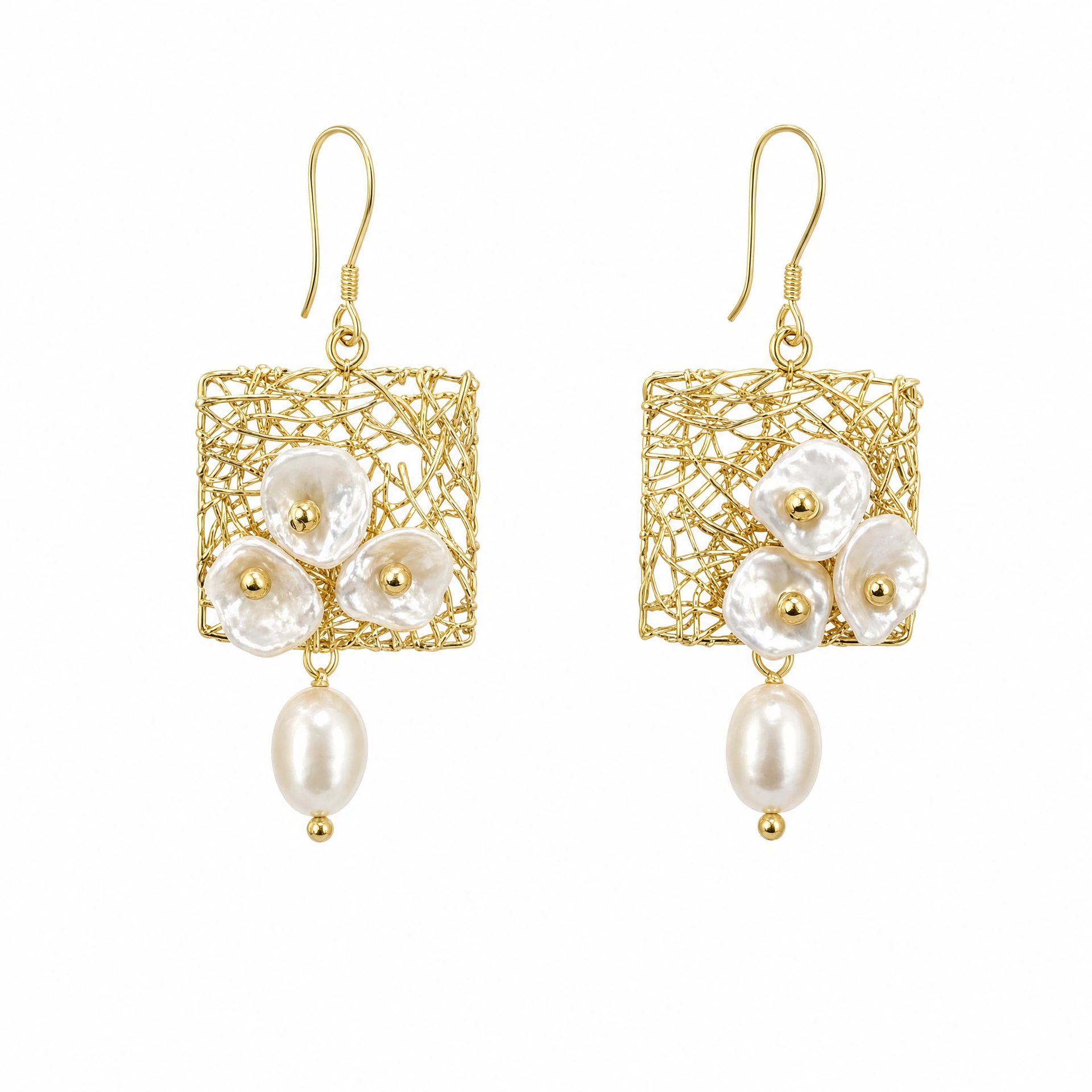 Baroque Pearl Earrings set in Gold Mesh