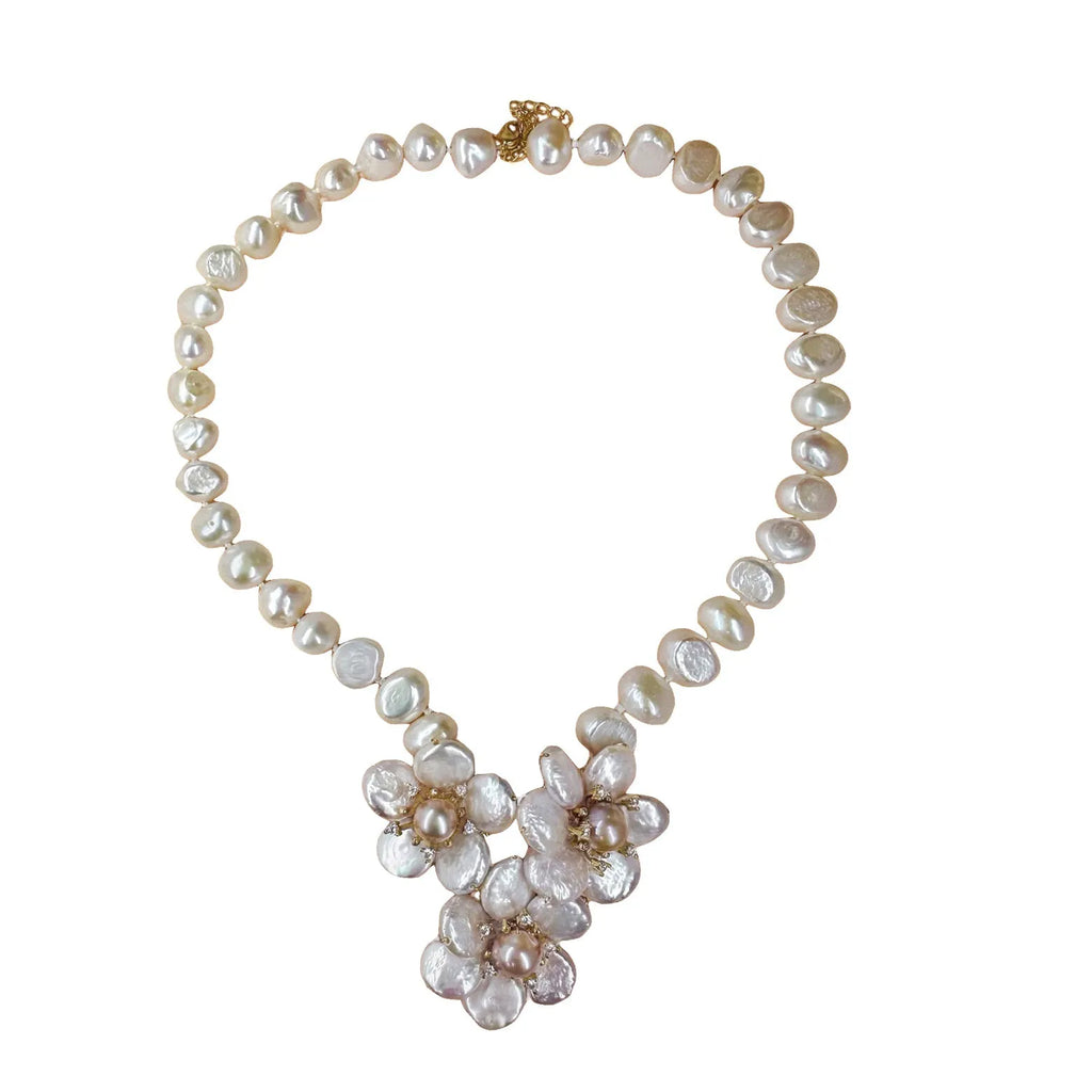 Graduated Pearl Necklace with Barque Pearl Flowers - Angel Barocco